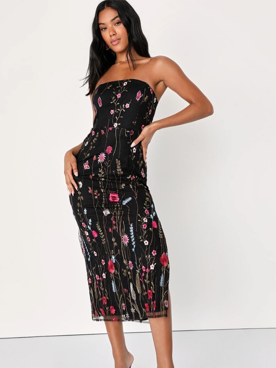 Lulus Dresses & Skirts - Lulu's Black Strapless Midi Dress with Multicolor Floral Embroidery